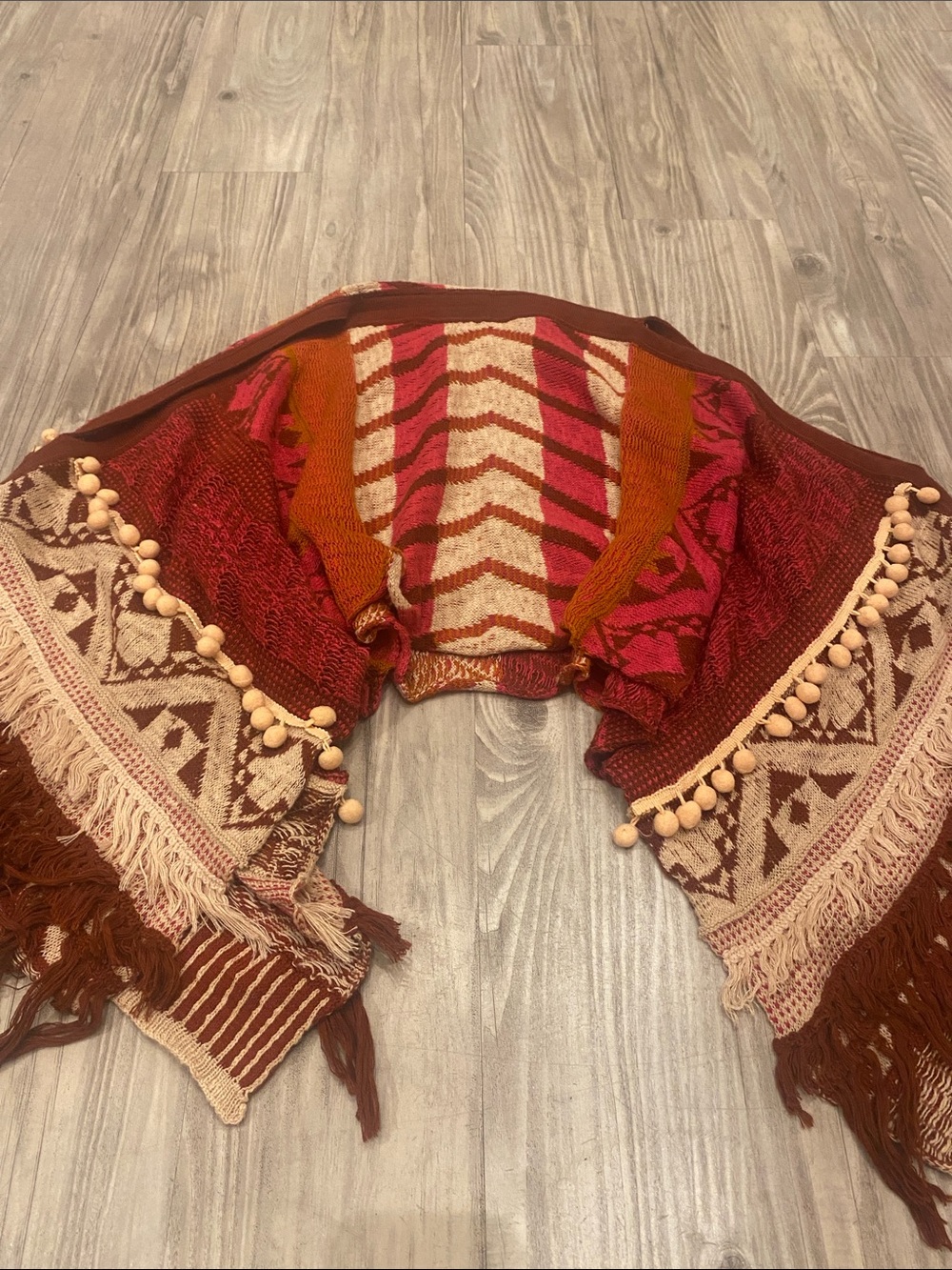 Anthropologie Multicolor Boho Pom-Pom Fringe Throw in Burgundy, Rust, and Cream